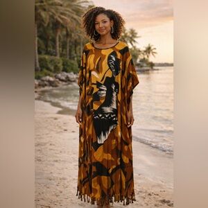 NWT Flowing Rayon Caftan Maxi Dress Boho Resort Style🔥
